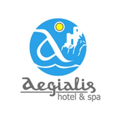 The aegialis hotel and spa in blue and black with white background